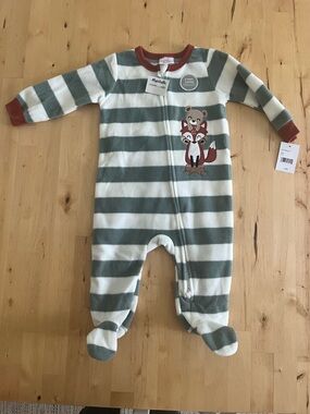 Koala Baby Green & White Striped Footed One-Piece with Fox and Bear Applique